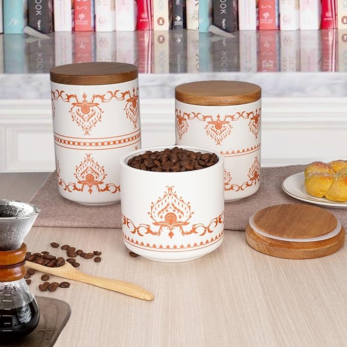 Sunddo Ceramic Canister Sets for Kitchen Counter with Airtight Wood Lids, Food Storage Jars for Coffee, Sugar, Tea Set of 3