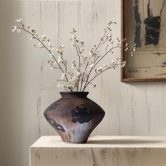 Wabi Sabi Ceramic Vase 6.7", Rustic Textured Pottery Vase, Organic Brown Black Farmhouse Vase with Wide Mouth, Watertight Flower Vase for Pampas Grass, Coffee Table & Shelf Decor