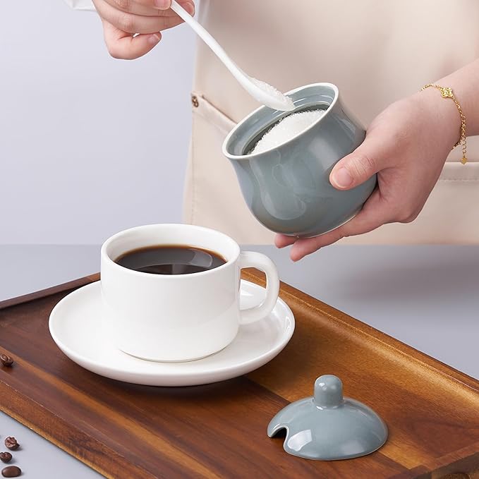 Ceramic Sugar Bowl with Lid and Spoon, Gray Porcelain Sugar Salt Pepper Storage Jar, 7 Ounces