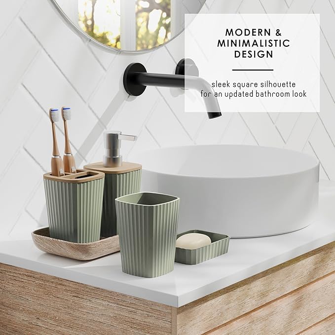 Clara Clark Bathroom Set - Sage Green Bathroom Accessories Set, 6PC Bathroom Accessory Set, Bathroom Sets with Bathroom Rugs, Adhesive Corner Shower Caddy Hanging, Toilet Brush & Trash Can