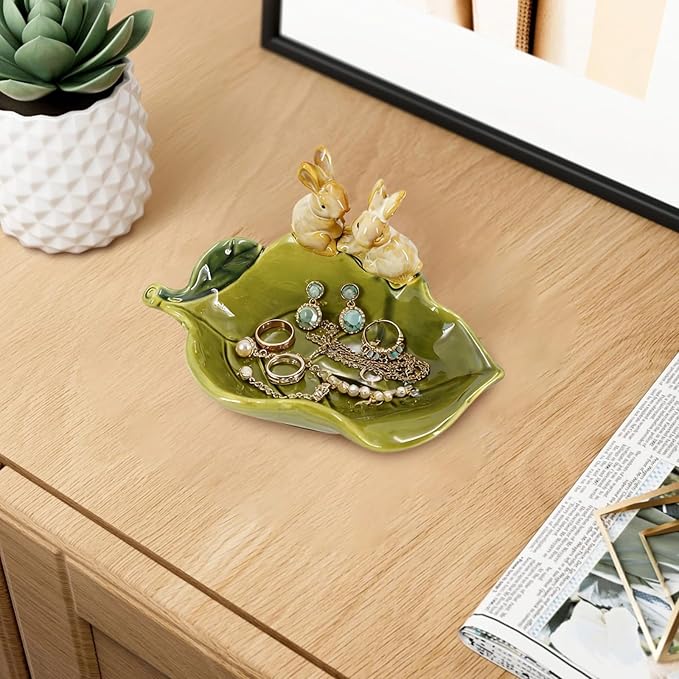 Cute Ceramic Soap Dish, Decorative Leaf Design with 3D Rabbit Figurines, Fast Draining Bathroom Soap Holder, Countertop Accessory for Kitchen, Office