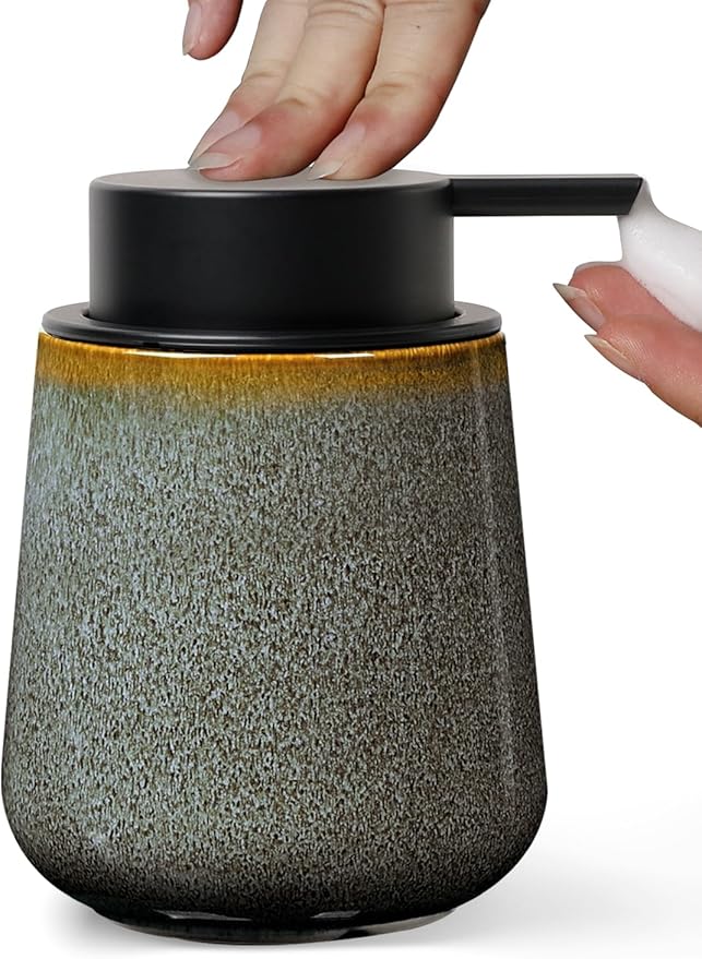INGOFIN Ceramic Foaming Soap Dispenser -12oz Foam Hand Soap Dispenser Bathroom, Modern Refillable Dish Wash Soap Bottle for Kitchen with Large Pump -Kiln-Glazed Green