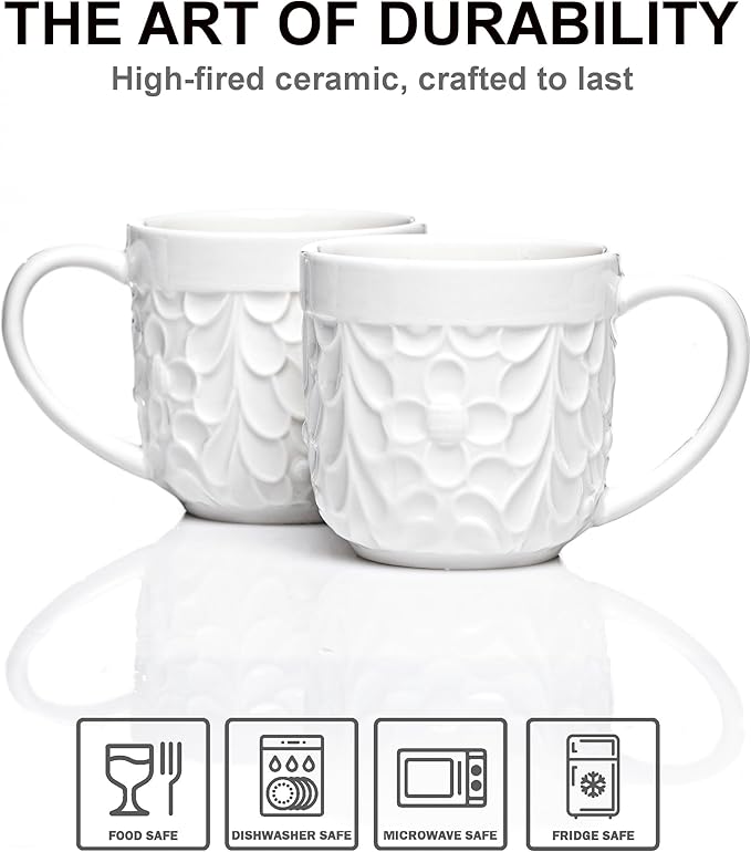 25DOL Ceramic Espresso Cups Set of 2 - White Cappuccino Cup with Nature Engravings and Comfort-Grip Handle - Expresso Coffee cups, 3.3 Oz Small Lead-Free Shot Mugs, Safe for Dishwasher, Microwave