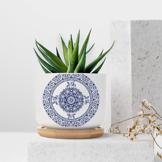 Planters Ceramic Chinese Style Blue And White Porcelain Print Ceramic Pots with Drainage Holes Round Flowerpot Bamboo Tray Plant Pots for Succuelnt And Little Snake Plants Pots for Nana Grandma