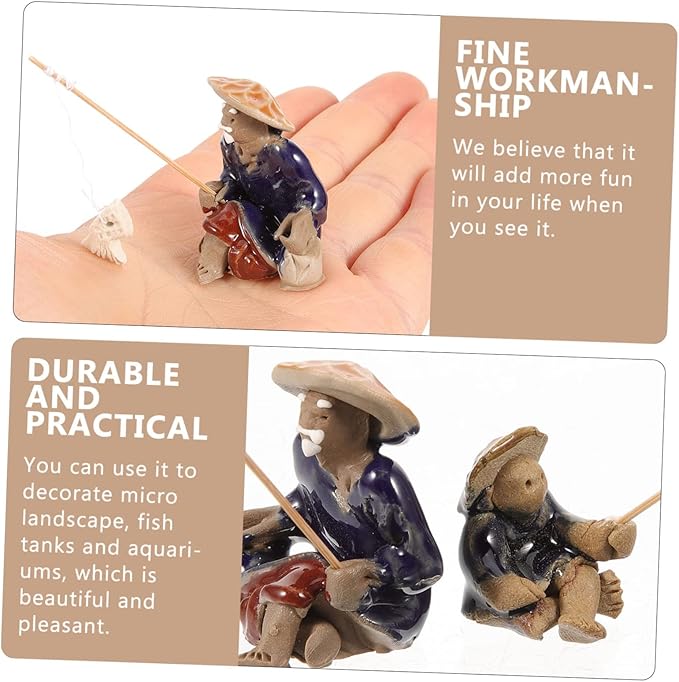 Mikikit 9pcs Mini Fisherman Statue Chinese Style Ceramic Figurines for Aquarium Bonsai Decor Realistic Fisherman Ornaments for Home Landscape Vintage Fishing Man Sculpture