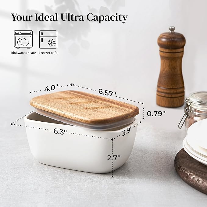 DOWAN 6.5" Large Butter Dish - Ceramic Butter Dish with Lid for Countertop - White Butter Keeper Holds Up to 3 Sticks - Butter Holder and Container with High-Quality Silicone Sealing