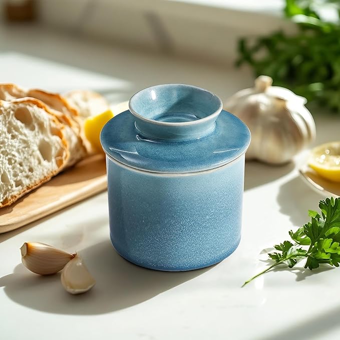 Peacock Blue French Butter Dish,Handmade Reactive Glaze Ceramic Butter Crock with Water Line for Speradable Fresh Butter