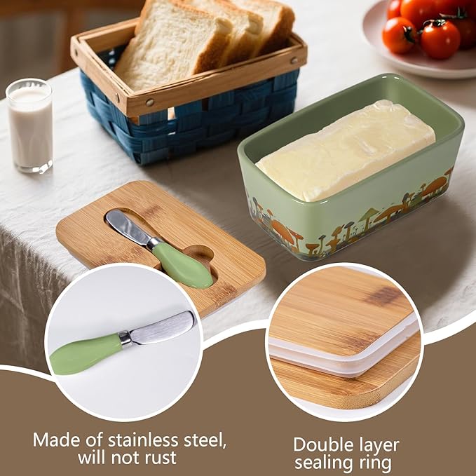 Mushroom Butter Dish with Lid,Large Butter Crock Keeper Saver,Ceramic Butter Container for Countertop with Highly Sealed Silicone Thick Wooden Lid for Kitchen Farmhouse Decor (Mint Green, Mushroom)