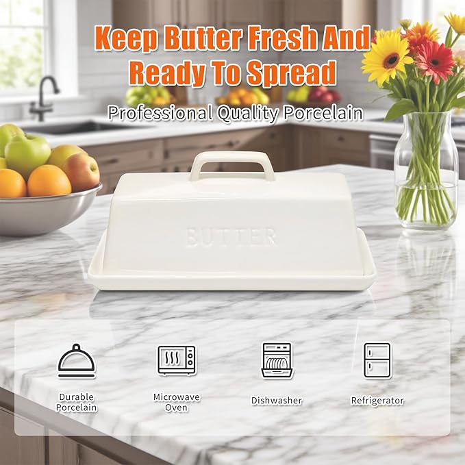 Gute Butter Dish with Lid for Countertop, Covered Ceramic Butter Dish, Butter Tray Storage for 1 Stick of Butter, Butter Keeper Container with Handle for Kitchen, White