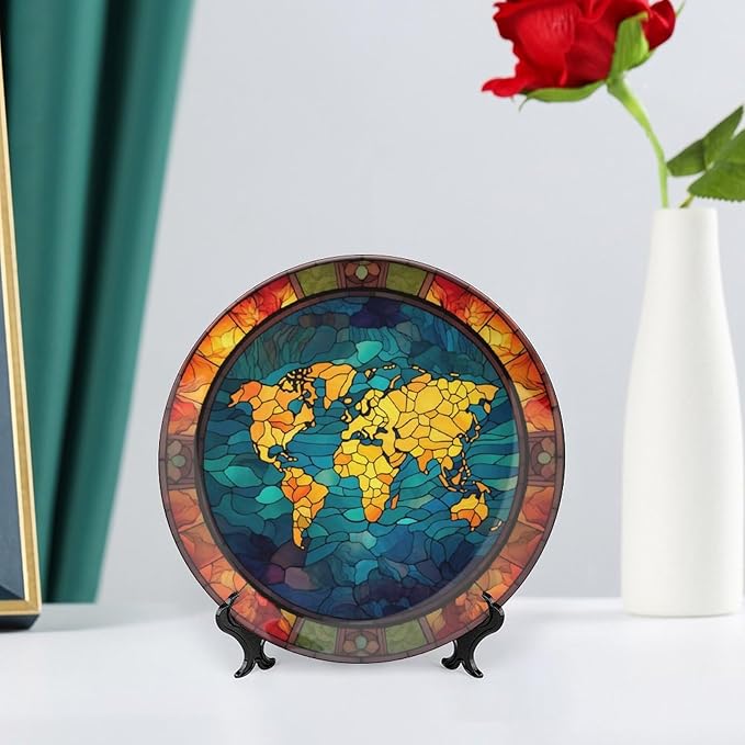 Decorative Plates, Retro World Map Stained Glass Design Ceramic Dinner Plate Home Wobble-Plate w/ Display Stand, Wall Hanging Decor for Kitchen Household 7 Inch, Gifts for Adventure Lover Wanderlust