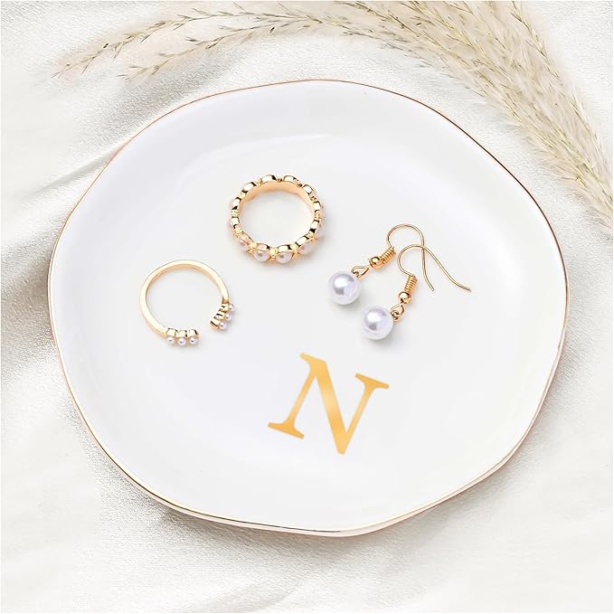 ProCase Ceramic Jewelry Tray, Initial Ring Dish Trinket Plate Engagement Gift, Small Personalized Monogram Ring Bowl for Wedding, White Decorative Jewelry Holder for Women Vanity -Letter N