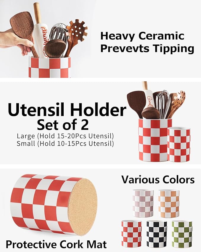 Utensil Holder，7.1"+5.8" Ceramic Kitchen Utensil for Counter top, Checkered Cooking Utensil Holder for Spatula & Spoon, Kitchen Decor, Set of 2 (Red Checkered)