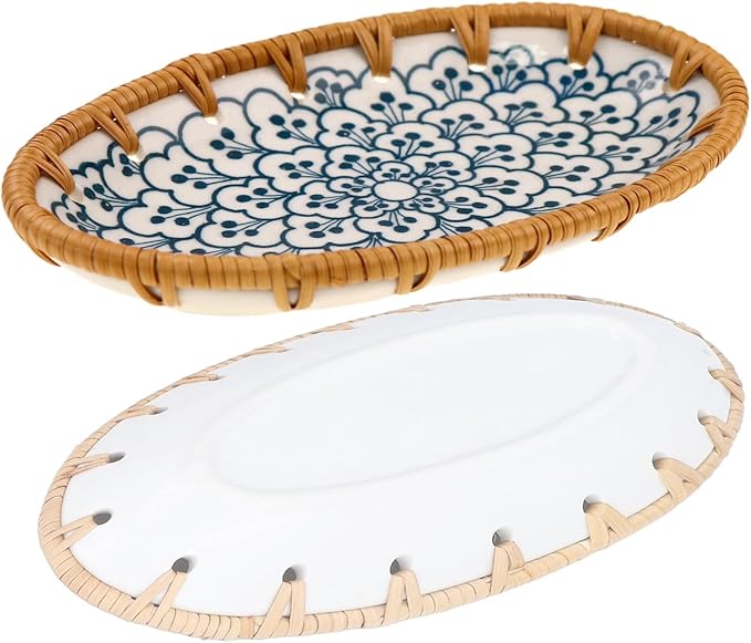 Rattan Ceramic Tray, Oval Fruit/Bread/Cookie/Jewelry Small Storage Porcelain Serving Plate, Vintage Decorative Display Plate for Coffee Table Home Decor Wedding Party Gift （Cyan Cloud）