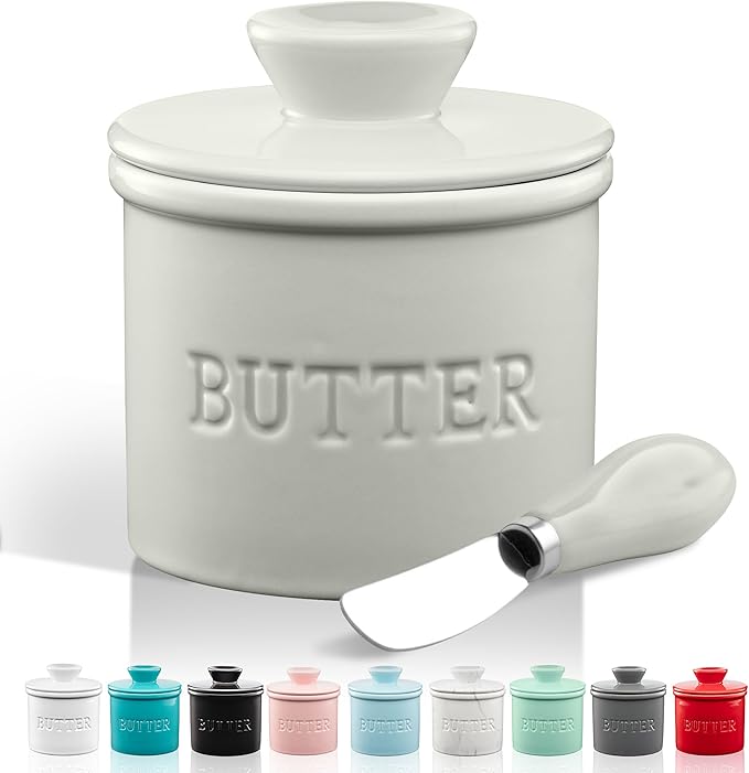 Zulay Kitchen Bell Shaped Butter Crock with Lid for Countertop with Water Line & Spreader Knife, Ceramic French Butter Dish Keeper For Fresh, Soft & Spreadable Butter - Light Gray