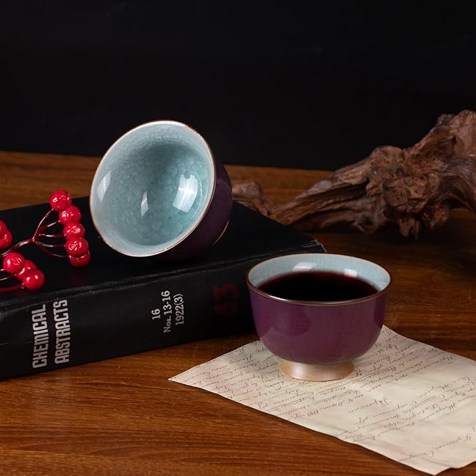 Tea Cup Set of 2 Porcelain Small Tea Cups 3oz Japanese Tea Cup Set, Asian Purple Ceramic Teacups for Home, Party, Office, Chinese Kung Fu Tea Set for Hot/Cold Drink (Gold Footed-Ice Crackle Glaze)