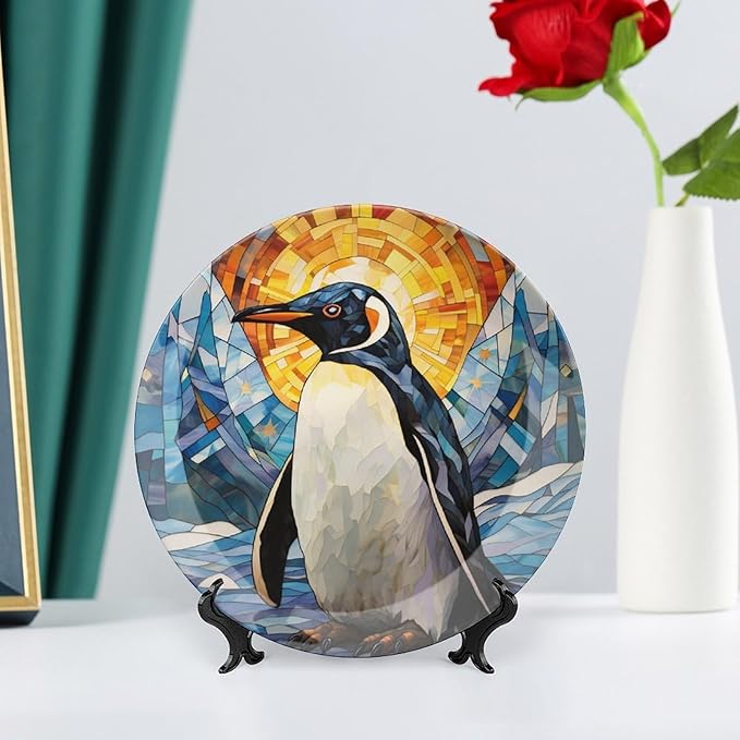 Decorative Plates for Wall Hanging, Lovely Penguin Watercolor Stained Glass Painting Ceramic Plate w/Display Stand, Home Decor for Kitchen Cabinets, Round Tray 8 Inch, Gift for Penguin Lovers