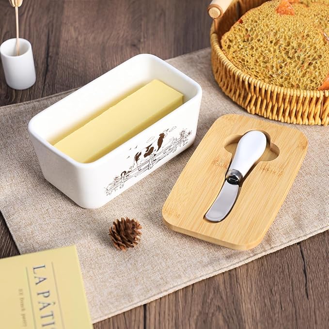 WAIT FLY Cow Ceramic Butter Dish with Bamboo Lid and Knife, 2 Sticks Butter Dish Butter Container Keeper for Kitchen Countertop, Home Decorative-Cow
