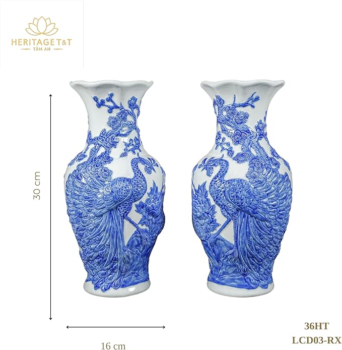 HERITAGE T&T Peach Flower Altar Vase Pair – Bat Trang Handmade Ceramic – Buddhist Altar Flower Vase Set – Traditional Asian Home Decor – 1 Pair (2 Vases) - Blue & White Glaze -30 cm (11.8 in)