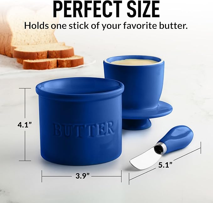 Zulay Kitchen Bell Shaped Butter Crock with Lid for Countertop with Water Line & Spreader Knife, Ceramic French Butter Dish Keeper For Fresh, Soft & Spreadable Butter - Blue