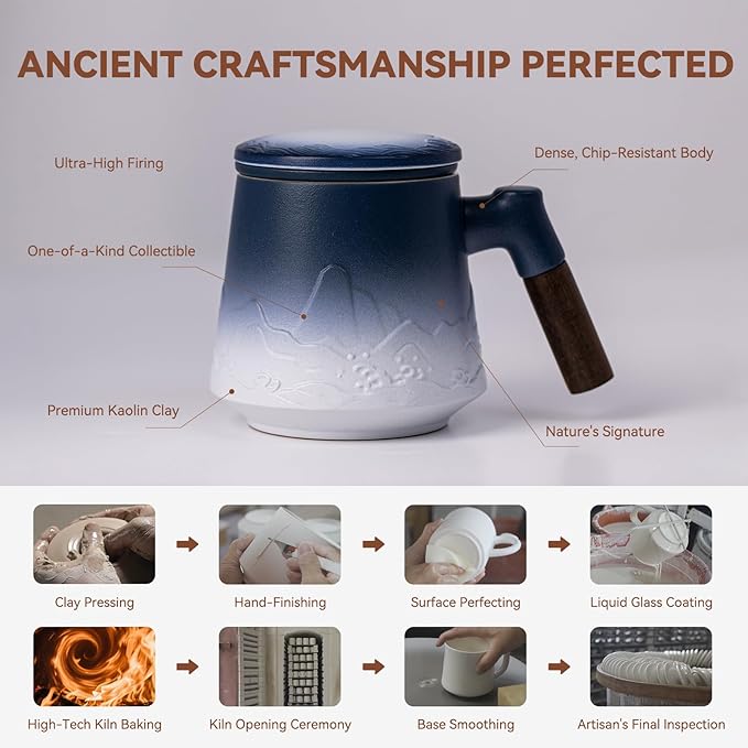 Ceramic Tea Mug with Infuser & Lid, 15oz Kiln-Transformed Unique Cup – Nature's Artisan Design, Loose Leaf Tea Cup with Infuser, Insulated Ceramic Coffee Mugs with Lid, Gift for Women/Men