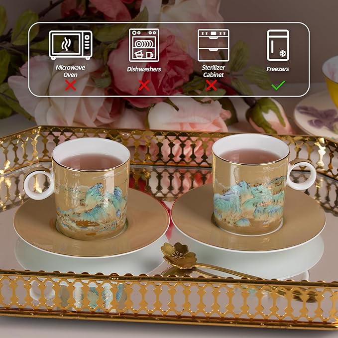 KAMMAK Tea Cups and Saucers Set of 2, Fine Bone China Coffee Cups, Stackable Espresso Mugs, Ceramic Demitasse for Coffee, Cappuccino, Latte, Americano, Tea, Small - River and Mountains