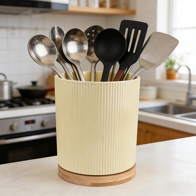 QUELIEN Utensil Holder, 360° Rotating Ceramic Kitchen Utensil Holder for Countertop, 7.7" Utensil Crock for Kitchen Counter with Rotatable Wooden Base,Ideal Housewarming Gift & Mothers Day Gift