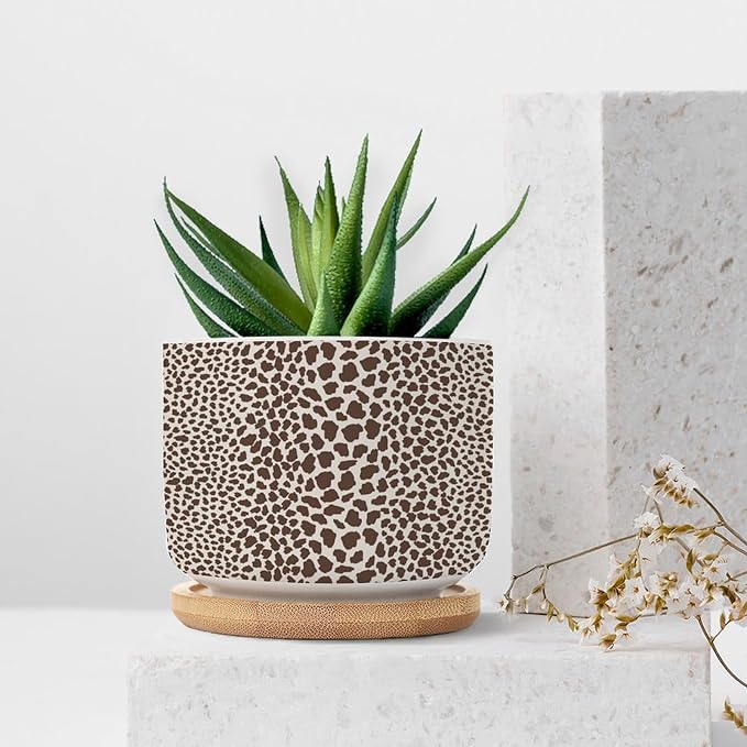 Brown Leopard Print Ceramic Planters African Animal Stripe Planters for Indoor Plants with Drainage Holes and Saucers Pot for Home Office Decoration