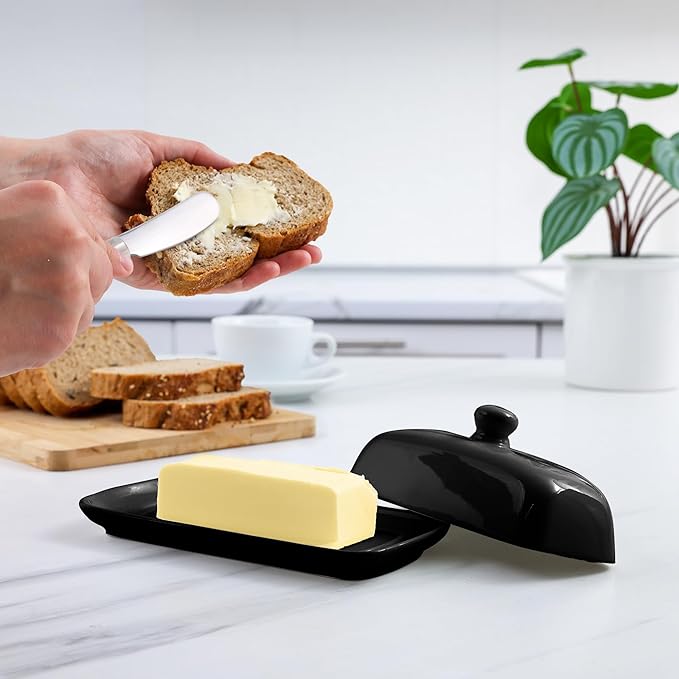Zulay Kitchen Butter Dish With Lid For Countertop - Porcelain Black, Ceramic Butter Dish with Knob Handle Great for Cooking - Elegant Design Butter Holder - Durable & Sturdy Butter Keeper - Black