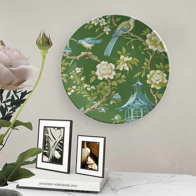 Pagoda Garden Imperial Green Chinoiserie Peacock Vintage Plates, Border in Chinoiserie Style with Herons Peacock Wall Hanging Decorative Plate for Wall Table Decor, Including Bracket Art Decor