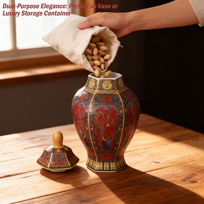 Ceramic General Jar - Antique Cloisonné Enamel Vase with Gold Rim, 11.8" Tall Storage Canister for Kitchen, Jingdezhen Porcelain Vase for Home Decor, Ideal Gift for Housewarming