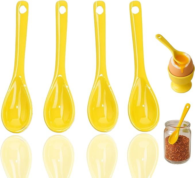 Mini Spoons for Spices, Ceramic Spoon 3.5 inch for Spice Jars, Espresso Spoons, Small Seasoning Spoon for Salt, Coffee, Sugar, Powder and Pepper (Yellow spoon A set of 4)