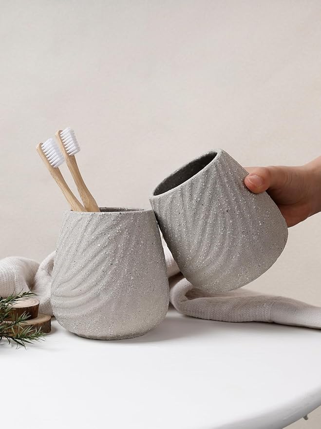 3 Pcs Bathroom Accessories Set – Ceramic Lotion Soap Dispenser, Toothbrush Holder with Rustic Leaf Vein, Modern Vanity Accessory Countertop Organizer for Bathroom Kitchen Decor