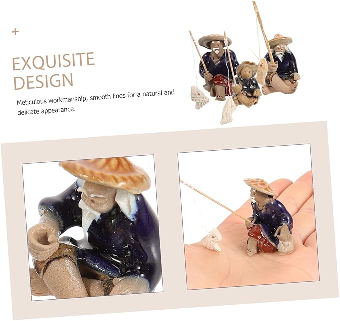 3Pcs Ceramic Miniature Fisherman Figurine Set for Fish Tank Garden Decoration Asian Fisherman Statues Detailed Craftsmanship for Aquatic Landscapes