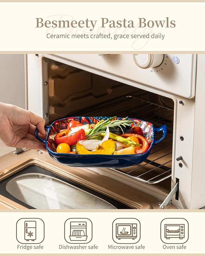 Besmeety Square Pasta Bowls with Handle, Boho Salad Serving Bowls Set of 2, Ceramic 7.09" Pasta Plates for Housewarming Present, Party (Orange+Blue)