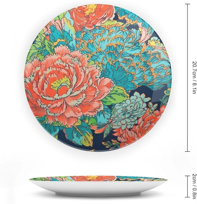 Ceramic Decorative Plate Chinoiserie Peony Floral Personalized Decor for Farmhouse Club Art Decoration Wall Ceramic Dinner Plate with Vertical Stand, Multi Sizes by Choosing, Gifts for Men Women