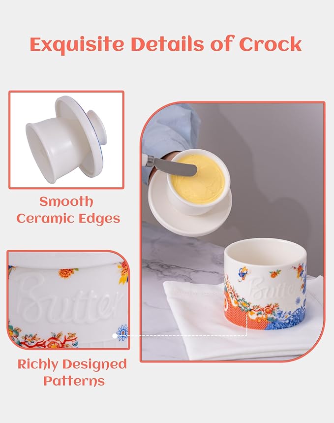 TEATALK French Butter Keeper - Vintage Boho Ceramic Butter Crock for Counter, Colorful Floral Porcelain Butter Dish with Lid, Stay Soft Spreadable Butter Container, 6.7 oz Aesthetic Kitchen Decor