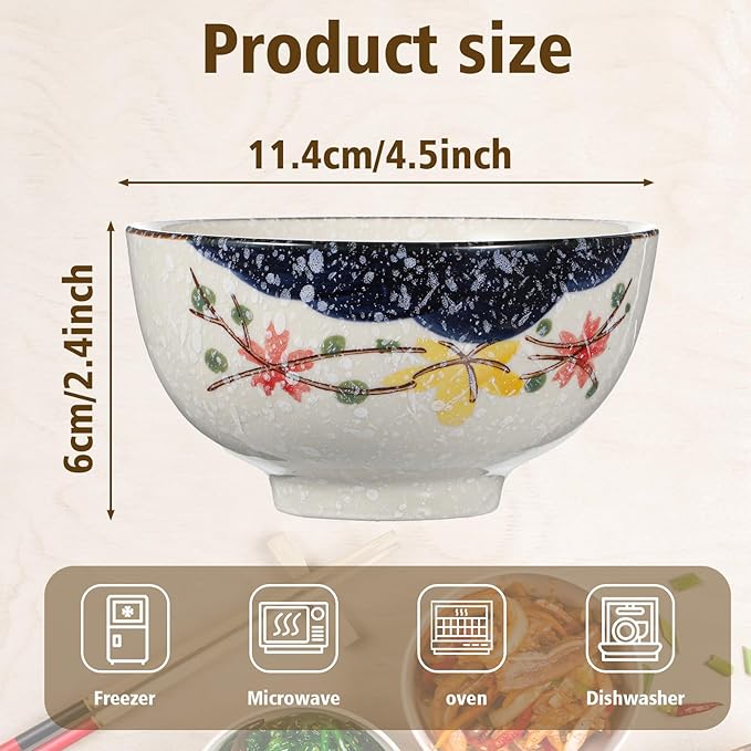 6 Pack Retro Ceramic Bowls, 4.5 Inch Japanese Chinese Bowl, 11 Oz Serving Dinner Set for Cereal, Salad, Dessert, Ice Cream, Rice, Noodles, Soup, Fruit, Dishwasher Microwave Safe