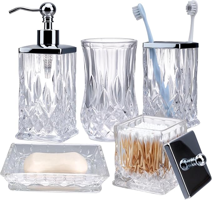 Bathroom Accessories Set,5 Pcs Clear Glass Bathroom Accessory Set,Complete Lotion Soap Dispenser,Toothbrush Holder, Soap Dish,Tumbler & Jar,Modern Bathroom Decor Sets Gift,Square