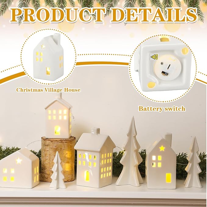 7 Pcs Ceramic Christmas Village Set 4 LED Light up White Ceramic Village Houses with 3 Xmas Trees Xmas Figurines for Farmhouse Rustic Indoor Home Mantel Table DIY Display Holiday Decoration