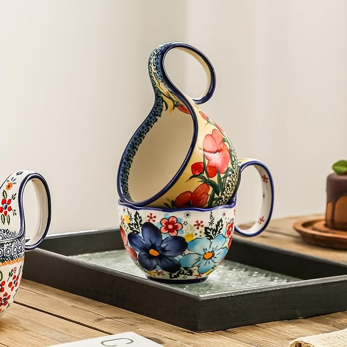 Handmade Ceramic Soup Bowl with Loop Handle, Polish Pottery Large Mug Cup, 18 oz Cup Perfect for Yogurt, Cereal, Soup, Pho, Stew, Salad, Dishwasher Microwave, Oven Safe Gift for Women
