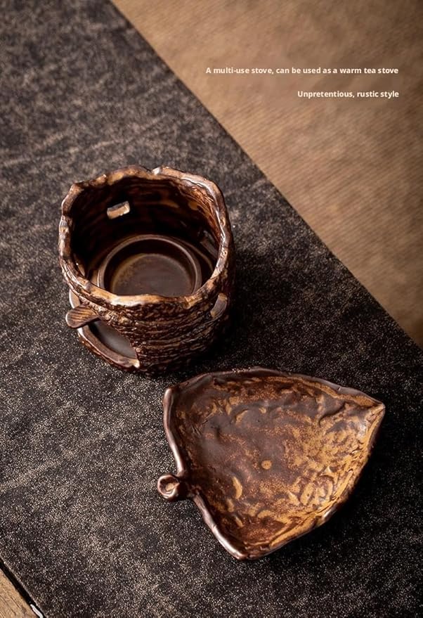 Traditional Chinese Ceramic Incense Burner and Tea Warmer, Brown Stone-Like Finish, 3.94x3.15x3.35 Inches, Multi-Purpose Design with Tea Roasting and Aromatherapy Functions (Maple Leaf Style Stove)
