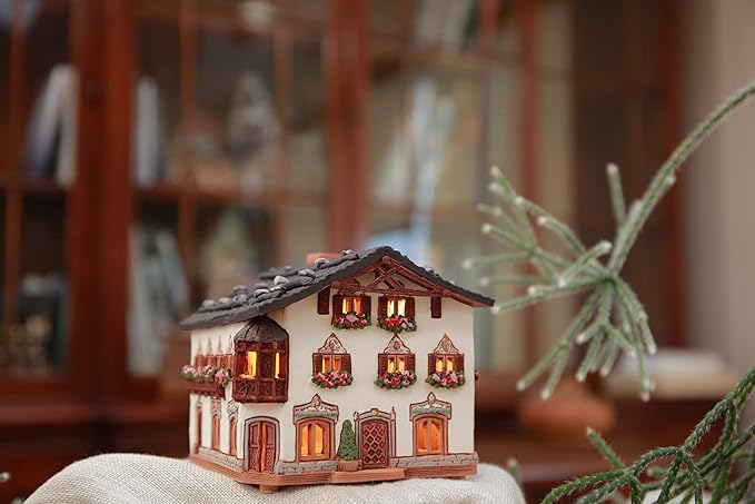 Ceramic Houses and Villages Collection - Tealight Candle Holder Ceramic Art Handmade Collectible Miniature Light House in Garmischpartenkirchen, Bavaria, Germany B265AR*