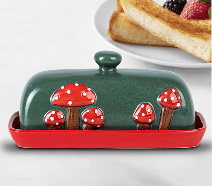 Mushroom Ceramic Butter Dish With Lid for Countertop - Red Container Tray, Large Covered