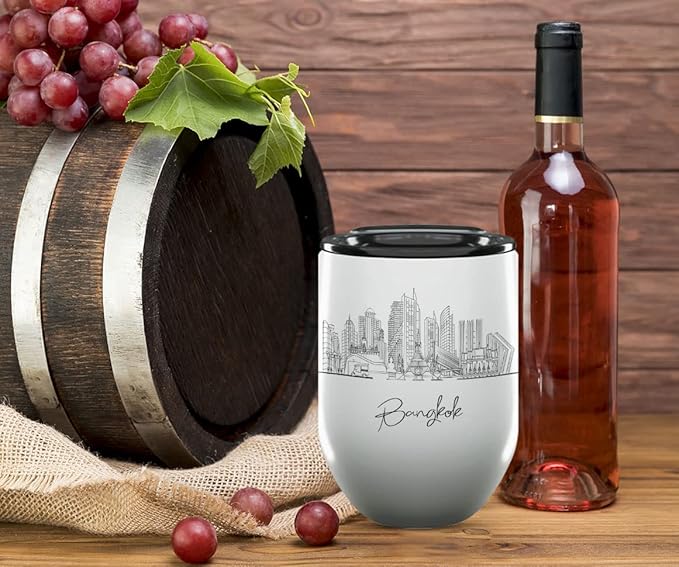 Bangkok Skyline Wine Tumbler, Asia Skyline 12oz Wine Tumbler, Custom Wine Tumblers Gift For Birthday, Spill Resistant Tumblers for Women, Personalized Wine Tumbler