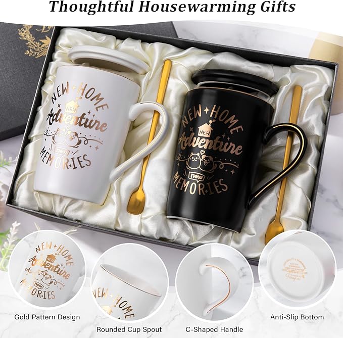 House Warming Gifts New Home - New Home Gift Ideas for Women Men Couple New Homeowners Neighbor Friend, Unique Housewarming Present with 14Oz Coffee Mugs, Spoons, Lids, Greeting Card, Elegant Boxed