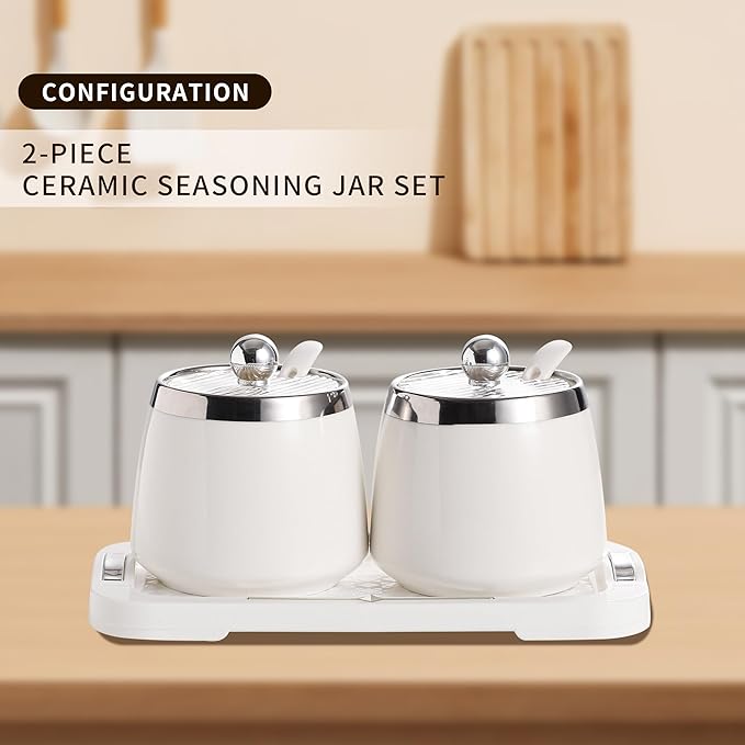 shuqiao Porcelain Condiment Jar Spice Container with Lid - Ceramic Spoon, Plastic Tray is the best clay pot for your home, kitchen, counter. White, 280 ml (9.4 oz), 2-piece set (3, Square)
