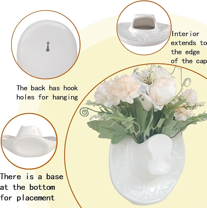Vase White Hanging Vase, Ceramic Cowboy Hat Wall Plant Holder, Unique Modern 3D Wall Art Decoration