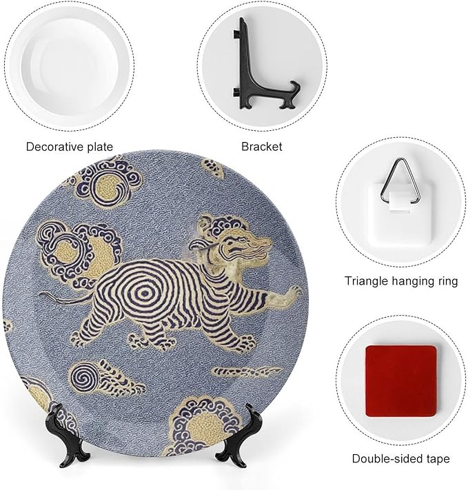 Blue Tibet Tiger China Plates of 6", 7", 9", 10", Customize Chinoiserie Animals Ceramic Ornaments Dessert Plates, Farmhouse Art Decoration Decorations Kitchen, with Vertical Stand