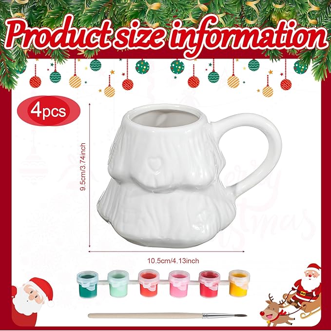 4 Set Christmas Tree Mug Paint Your Own Mug Craft Kit with Paints and Brush Ceramic Christmas Coffee Mugs DIY for Adults Xmas Festive Holiday Gift