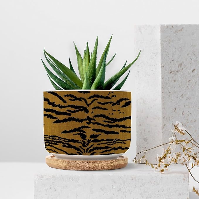 DreamAutumn Tiger Stripes Ceramic Flower Pots,Gardening Plant Pot with Drainage Holes and Saucers Round Ceramic Pots for Indoor Plants Succulent Herbs Cactus Pots for Dad Papa Grandpa